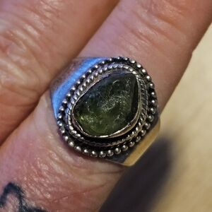 Raw Peridot Green & Silver Ring - Size 8-9 Maybe?